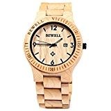 Bewell ZS-W086B Montre barcelet en bois pour homme femme Montre à quartz Affichage analogique Date