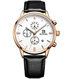 Binger Montre chronographe Unisexe multifonction Montre à quartz avec bracelet en cuir noir Grand cadran blanc et lunette en or ...