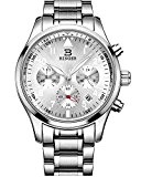 Binger Sport pour Homme à Quartz avec cadran chronographe blanc et bracelet en acier inoxydable (Argent)