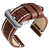 Bracelet de montre de remplacement en cuir, Grain Alligator, Couture Blanche, Marron, 24mm