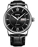 BUREI® Men's Luminous Day et Date Automatic Watch avec bande de veau noir, cadran noir Bezel noir