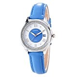 Comtex-Montre Femme-Date-Bleu Elégant Diamant-à Quartz Analogique-Bracelet en Cuir