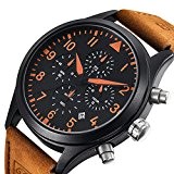 Conbays militaire pour homme Sport montres extérieur chronographe Chronomètre avec bande de cuir Marron Cadeau