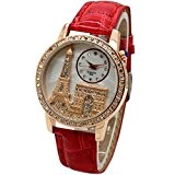 Horloge – Tour Eiffel Motif strass Cadran Bracelet en cuir Bracelet de montre rouge