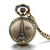 JewelryWe Bijoux Pendentif Collier Montre de Poche Quartz Paris Tour Eiffel Vintage Alliage Fantaisie Couleur Bronze Longueur 78cm Avec Sac ...