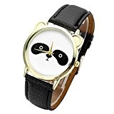 JSDDE Montre Charmante Cadran Jante D'or Visage De Panda Mignon Faux Cuir Pour Filles Noir