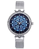 JSDDE montre quartz fond bleu foncé les motifs pierres de strass bracelet de montre d'argent en treillis métallique pour femme ...