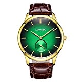 Longbo Doré Coque Vert visage montres Marron Bande de cuir Style minimaliste 40 mm simples montres à quartz analogique