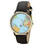 Mini World Bracelet de montre mixte Carte du monde plus trotteuse avion à quartz analogique Bronze Noir