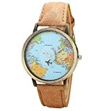 Mini World Montre à bracelet unisexe avec carte du monde et avion mobile comme aiguille de secondes Quartz Analogique Bronze ...