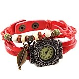 Montre bracelet bresilien cadran carre pendentifs feuille et perles en cuir de daim rouge