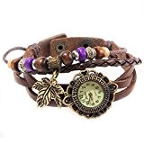 Montre bracelet cadran retro pendentifs feuille de vigne et perles violette cuir de daim chocolat