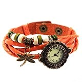 Montre bracelet ethnique cadran retro pendentifs libellule et perles en cuir de daim orange