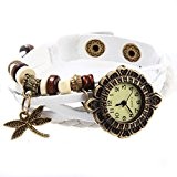 Montre bracelet ethnique cadran retro pendentifs libellule et perles en cuir de daim blanc