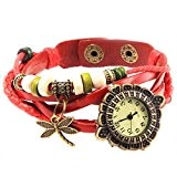 Montre bracelet ethnique cadran retro pendentifs libellule et perles en cuir de daim rouge