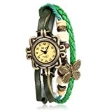 Montre Bracelet Papillon PU Cuir Quartz Classique Tressé Rétro Femme Mode Watch Vert