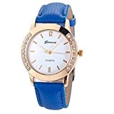 Montres de bracelet, returom des femmes de mode diamant montres montre-bracelet à quartz analogique en cuir (Bleu)