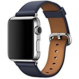 Ouneed® Veritable Cuir Reglable Bracelet de Remplacment pour Apple Watch 38MM (Bleu fonce)