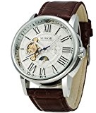 Sewor Mens Tourbillon Automatic Big Case Moon phase Mechanical Brown Leather Wrist Watches White Dial