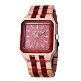 SKONE Square Natural Wood Date Nail Scale Quartz Mens Watch (Red Maple Sandalwood)
