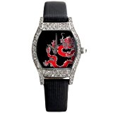 Time100 - Montre à Quartz Bracelet Satin Incrustée de Strass Élégante Dessin de Dragon Femme Noire - W50009L.01A