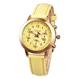 Time100 Montre à quartz femme et fille multifonctionnelle mode de couleur bonbon jaune bracelet en cuir véritable W70073L.06A