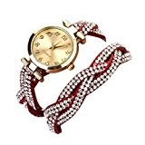Tonsee® Femmes Rivet Cristal Bracelet Quartz tressé enroulement Wrap montre-bracelet Rose