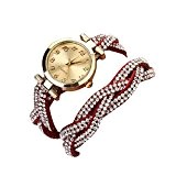 Tonsee® Femmes Rivet Cristal Bracelet Quartz tressé enroulement Wrap montre-bracelet Rouge
