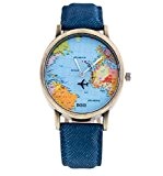 Ularma Femmes hommes unisexe rétro regarder monde carte conception analogique Quartz montres,bleu