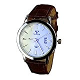Yazole Homme Luxe Blue Ray Verre montre à quartz analogique Entreprise montre bracelet – Marron Band Cadran blanc